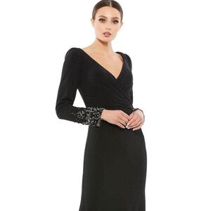 Mac Duggal V-Neck Gown with Beaded Cuffs Black Gown Dress